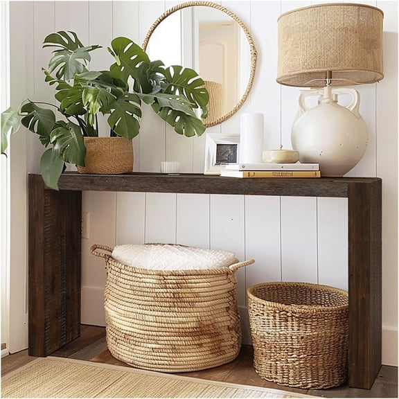 JERFIT 64" Solid Wood Console Table for Entryway, Modern Narrow Sofa Table with Rich Brown Finish for Living Room, Kitchen Counter Height Table