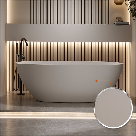 JERFIT 65 Inch Freestanding Soaking Bathtub, Modern Beige Solid Surface Resin Tub with Overflow & Pop-Up Drain