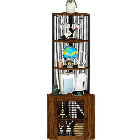 JERFIT 65 inch Corner Cabinet with Charging Station, Freestanding Storage Shelf with Doors, 6 Tier Bookshelf with USB Outlets for Kitchen, Living Room, Balcony in Rustic Brown