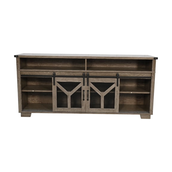 JERFIT 65 inch Farmhouse TV Stand with LED Lights, Sliding Barn Doors & Y-Decor for 75 Inch TVs, Antique Gray Media Console