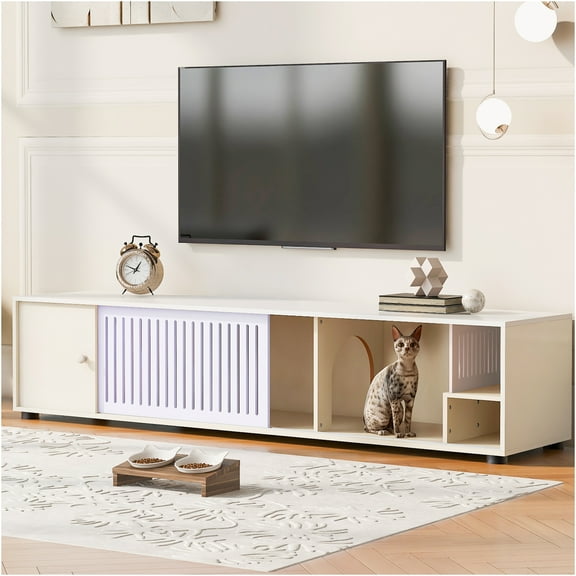 JERFIT 66.9" Modern TV Stand with Hidden Cat Litter Box Enclosure, Cream White Media Console with Storage Cabinet & Sliding Door