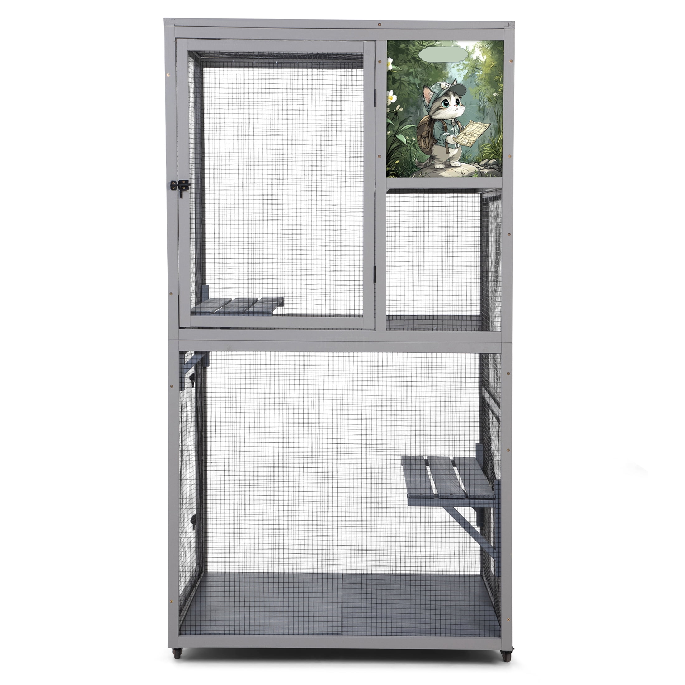 JERFIT 66" Large Outdoor Catio Enclosure with Wheels, 2 Platforms & Sleeping Condo, Portable Cat Cage Patio House for Indoor & Outdoor Use, Gray