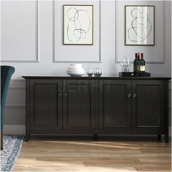 JERFIT 66" Wide Transitional Solid Wood Storage Cabinet, Dark Brown 4-Door Sideboard Buffet with Adjustable Shelves
