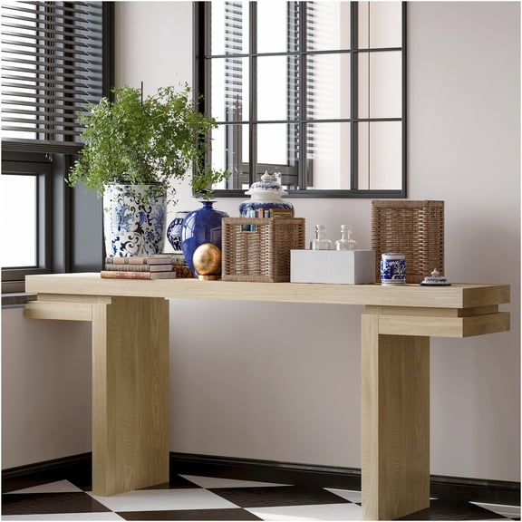 JERFIT 66-inch Extra Wide Console Table for Behind Couch, Real Wood Veneer Sofa Table with Open Shelf for Entryway, Living Room, Home Office in Distressed Oak Finish