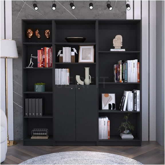 JERFIT 67" Wide 3-Piece Bookcase Set with 12 Shelves & 2-Door Cabinet, Black Particle Board Storage Bookcase for Living Room, Office, Library