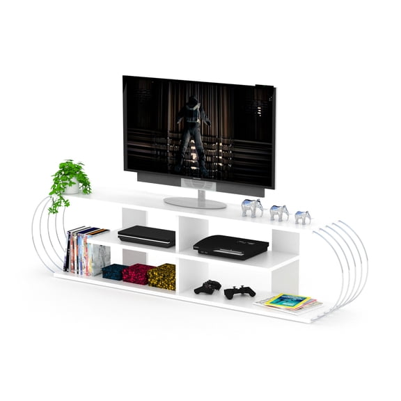 JERFIT 68 inch Modern TV Stand with 4 Open Shelves, Solid Wood Entertainment Center for Living Room, Storage TV Console, White