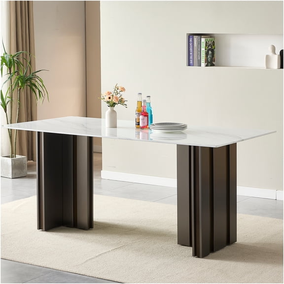 JERFIT 69.3" Modern Dining Table for 6 with Tempered Glass Top & Metal Legs, Rectangular Kitchen Table, Grey and White Marble Texture