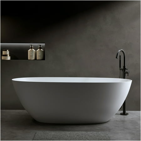 JERFIT 69 Inch Modern Freestanding Soaking Bathtub, Matte White Solid Surface Resin Tub with Overflow & Pop-Up Drain for Deep Relaxation