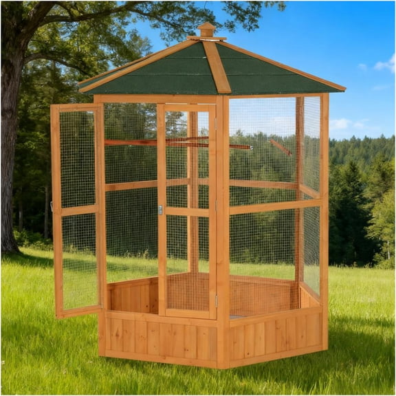 JERFIT 69" Large Hexagon Wooden Bird Cage Outdoor & Indoor Aviary with Lock, Waterproof Roof for Parakeets Finches Canaries