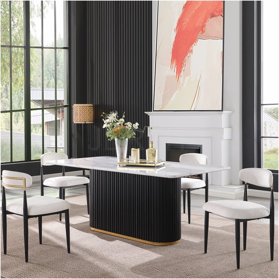 JERFIT 69" Modern Faux Marble Dining Table with Black Wave Metal Base, Rectangular Kitchen Table for 4, Gold Trim Accent