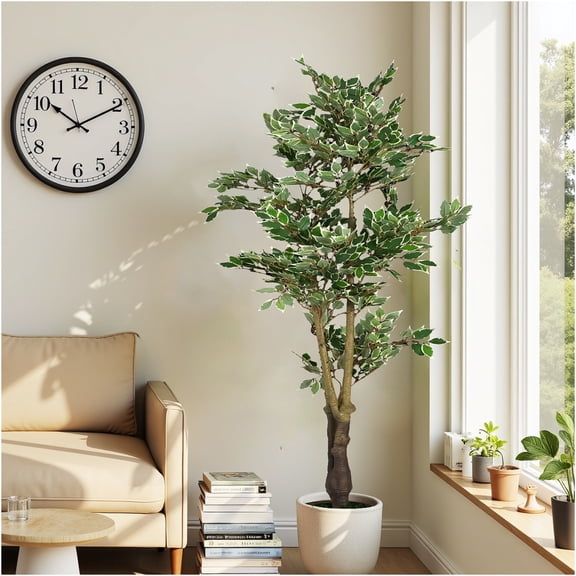 JERFIT 69 inch Artificial Ficus Tree Potted, Realistic Weeping Fig Plant with Natural Trunk, Faux Green Leaves for Indoor Home Office Decor