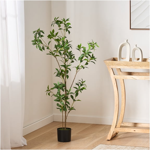 JERFIT 6FT Artificial Pieris Japanese Andromeda Tree Faux Plant Potted in Rattan Basket for Home Office Decor, Green