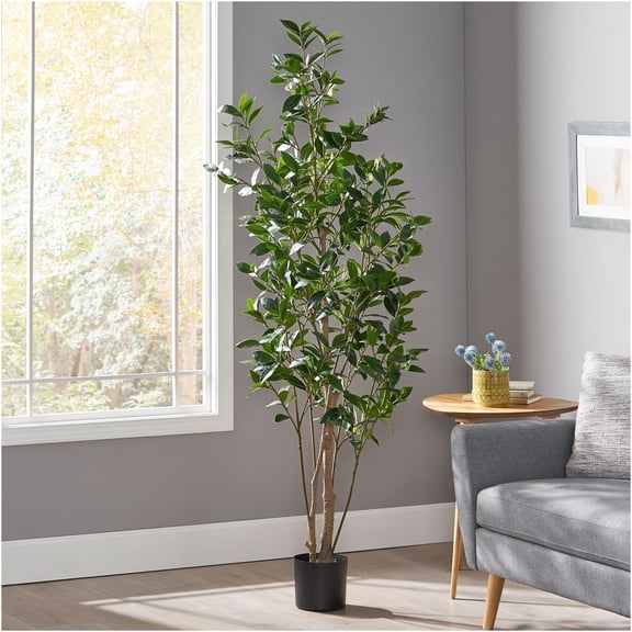 JERFIT 6ft Artificial Laurel Tree Potted Plant, Faux Green Potted Tree for Home Decor, Indoor Outdoor UV Resistant Fake Tree with Iron Trunk, Pre-Potted in Plastic Planter