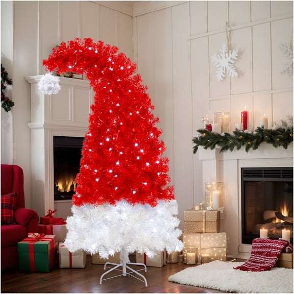 JERFIT 6ft Pre-Lit Artificial Christmas Tree, Santa Hat Shaped LED Xmas Tree with 300 Cool White Lights, 1050 Tips, Red & White Vinyl Needles for Indoor Holiday Decor