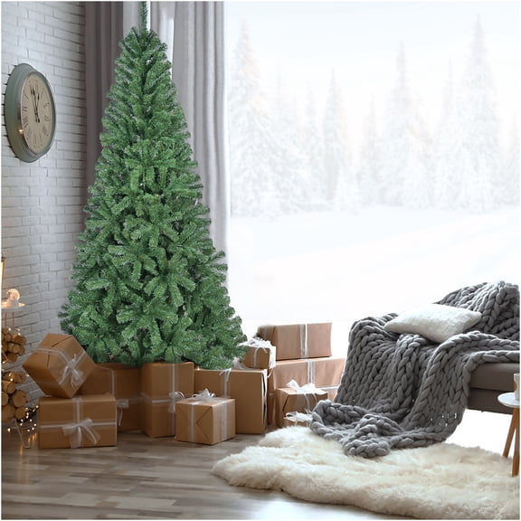 JERFIT 6ft Pre-Lit Christmas Tree with 500 PVC Branch Tips, Hinged Design & Metal Stand, Full Artificial Holiday Tree for Home, Office, Apartment Decor
