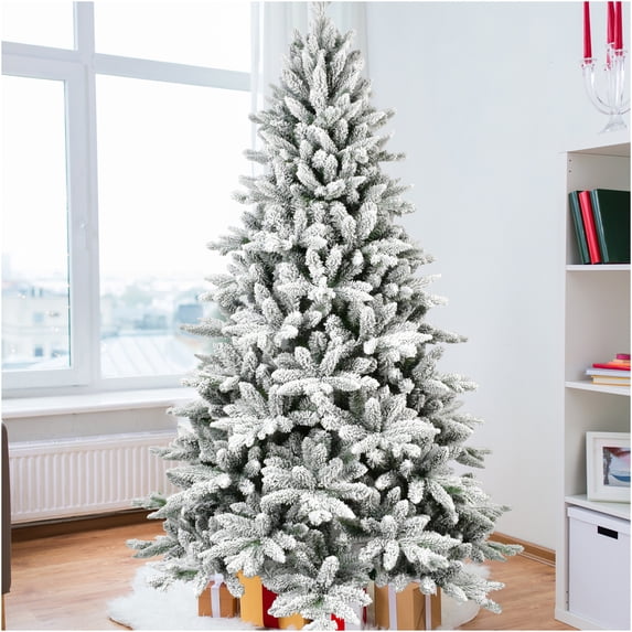 JERFIT 6ft Pre-Lit Flocked Artificial Christmas Tree, Snowy White PE/PVC Xmas Tree with 1100 Branch Tips, Hinged Design & Metal Stand for Holiday Home Decor