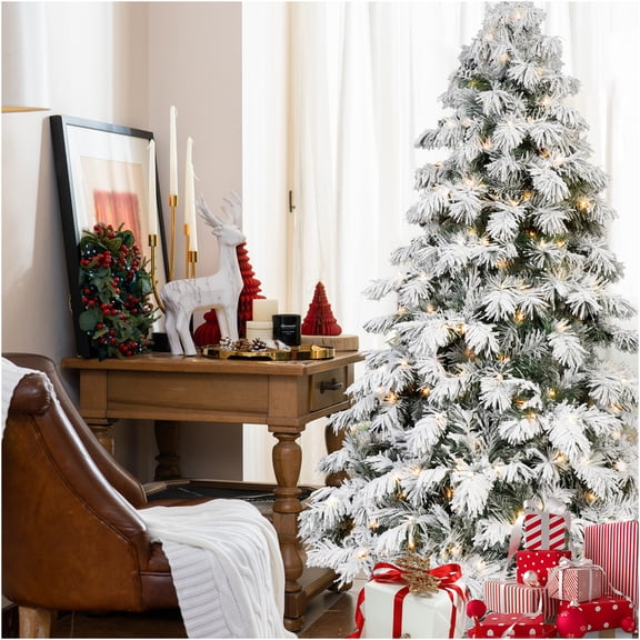 JERFIT 6ft Pre-Lit Flocked Scarecrow Christmas Tree with 270 LED Lights, Hinged Sections & Metal Base