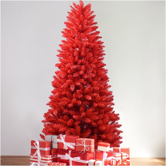 JERFIT 6ft Pre-Lit Red Christmas Tree with 804 PVC Branch Tips, Hinged Artificial Tree for Quick Setup, Metal Stand Included