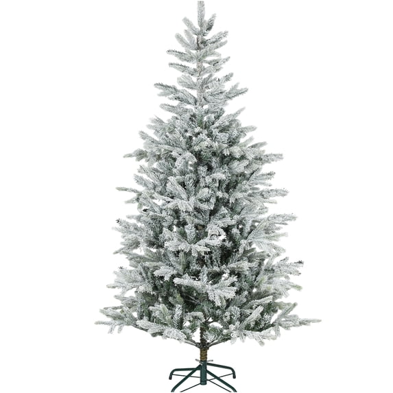 JERFIT 6ft Pre-Lit Snow Flocked Artificial Christmas Tree with Foldable Metal Stand, Fire Retardant, Full Hinged Branches for Easy Setup, Green & White