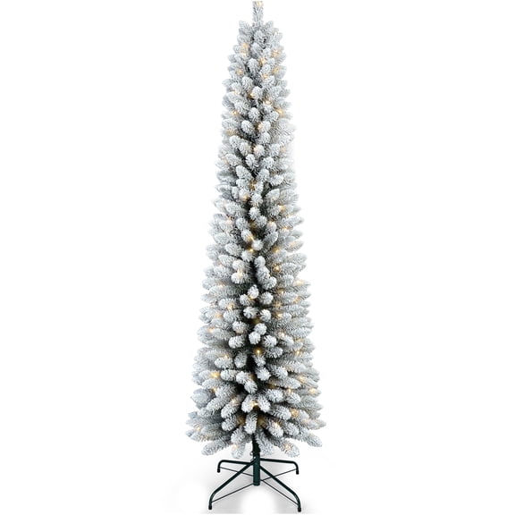 JERFIT 6ft Pre-Lit Snow Flocked Artificial Christmas Tree with 150 Warm White Lights, Slim Pencil PVC Holiday Tree for Small Spaces