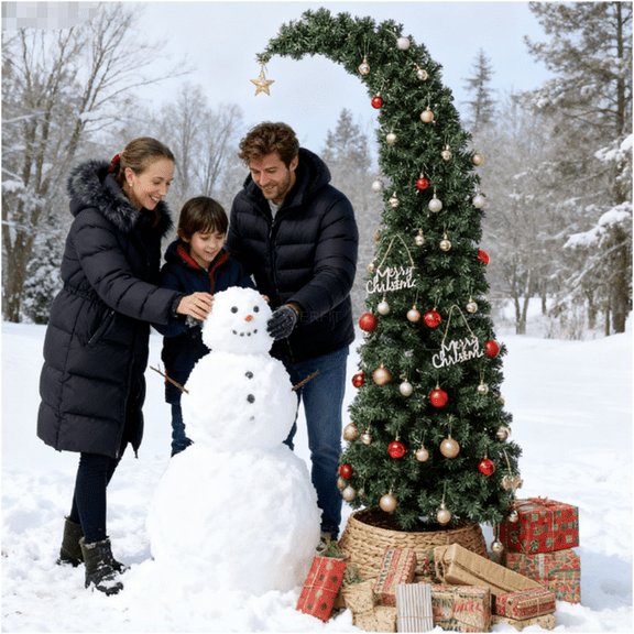 JERFIT 6ft Slim Prelit Christmas Tree with 200 Warm White LEDs, 8 Light Modes, Bent Top Mountain Fir Artificial Xmas Tree with Metal Stand for Small Spaces