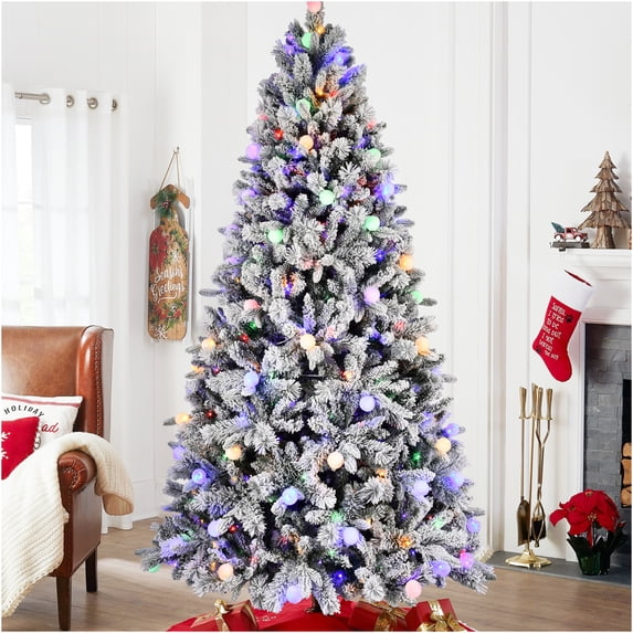 JERFIT 7.5ft Pre-Lit Snow Flocked Artificial Christmas Tree with 400 Colorful LED Lights, 10 Modes, Easy Setup Hinged Metal Stand