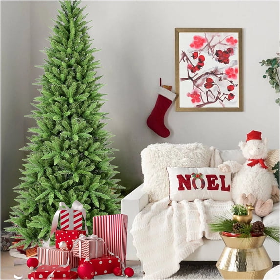 JERFIT 7.5ft Slim Artificial Christmas Tree for Small Spaces, Pre-lit Alternative with 1396 Realistic PE/PVC Tips, Hinged Branches for Easy Setup, Metal Stand Included