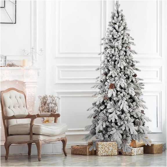 JERFIT 7.5ft Snow Flocked Artificial Christmas Tree with Pine Cones, Slim Hinged PVC Holiday Tree for Small Spaces