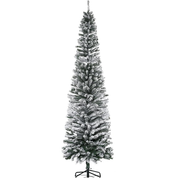 JERFIT 7.5ft Snow Flocked Slim Artificial Christmas Tree, PVC Green Realistic Branches with 738 Tips, Metal Stand Included