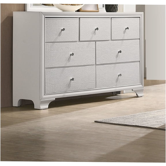 JERFIT 7-Drawer White Dresser, Modern Glam Bedroom Chest with Embossed Crocodile Pattern, Solid Wood Storage Cabinet