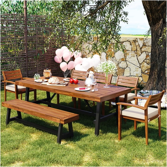 JERFIT 7-Piece Acacia Wood Outdoor Dining Set with Table, 5 Chairs, Bench & Removable Cushions for Patio, Garden, Backyard