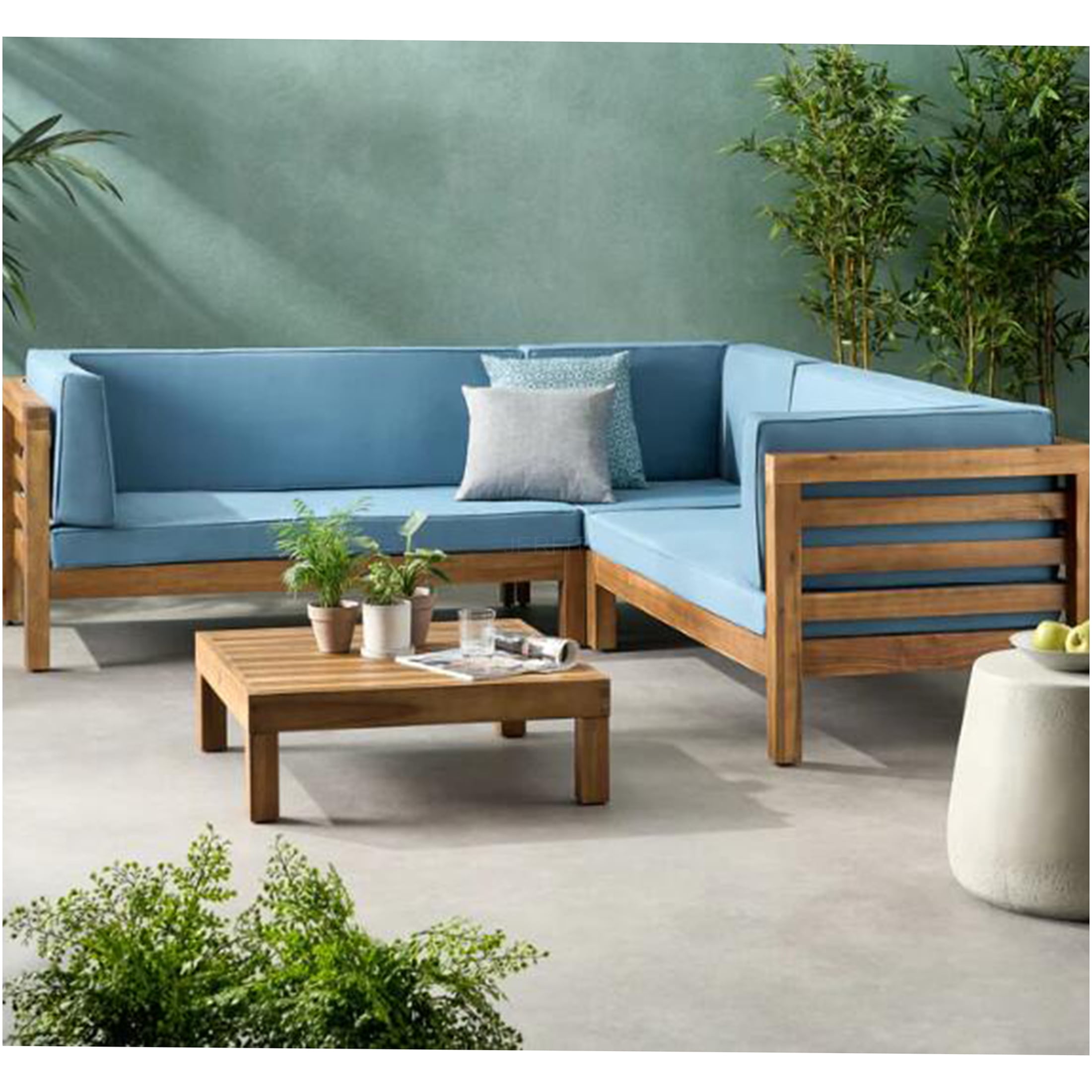 JERFIT 7-Piece Acacia Wood Outdoor Sectional Sofa Set with Blue Water ...