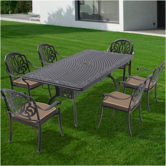 JERFIT 7-Piece Black Aluminum Outdoor Dining Set with Table, 6 Stackable Chairs & Brown All-Weather Cushions