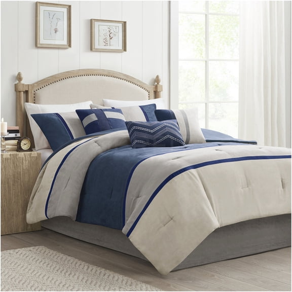 JERFIT 7-Piece Blue Faux Suede Comforter Set for California King Bed, Hypoallergenic & Machine Washable Microsuede Bedding Collection with Decorative Pillows