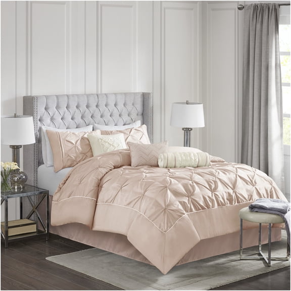 JERFIT 7-Piece Blush Pink Tufted Comforter Bedding Set for Full Bed, All-in-One Luxury Collection with Comforter, Shams, Pillows & Bed Skirt