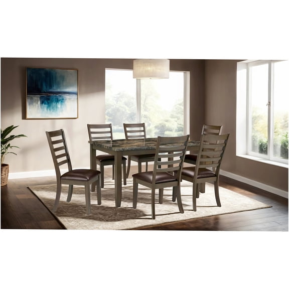 JERFIT 7-Piece Brown Dining Table Set with Faux Marble Top and 6 Upholstered Chairs, Acacia Wood Kitchen Dining Room Furniture