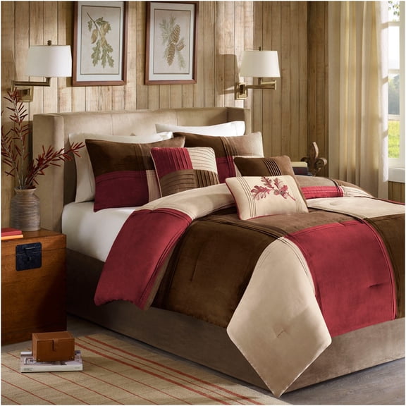 JERFIT 7-Piece California King Microsuede Comforter Set in Deep Red with Decorative Pillows & Bed Skirt