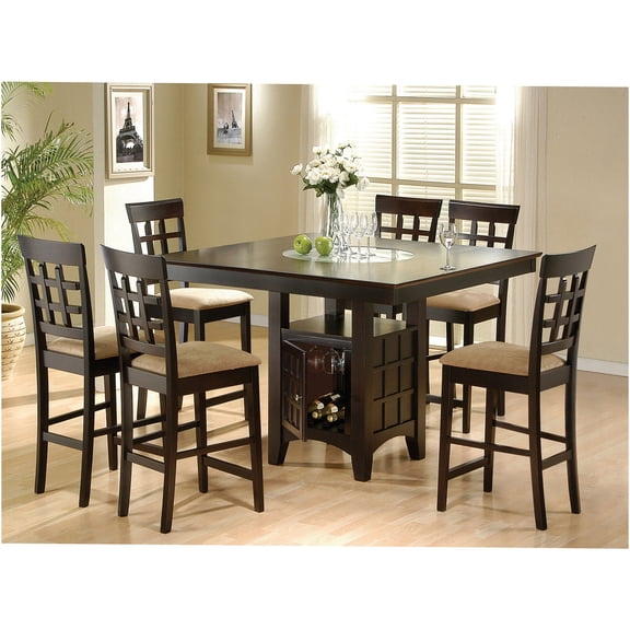 JERFIT 7-Piece Cappuccino Wood Dining Set with Storage, Counter Height Table and 6 Padded Stools for Kitchen and Dining Room