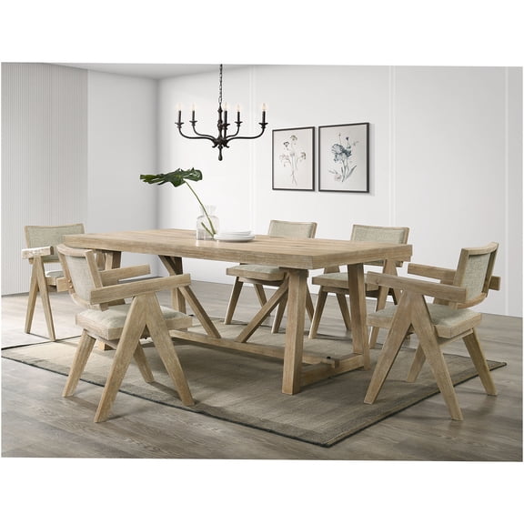JERFIT 7-Piece Contemporary Dining Set with Trestle Table and 6 Upholstered Armchairs, Oak Finish Fabric Seating for Dining Room