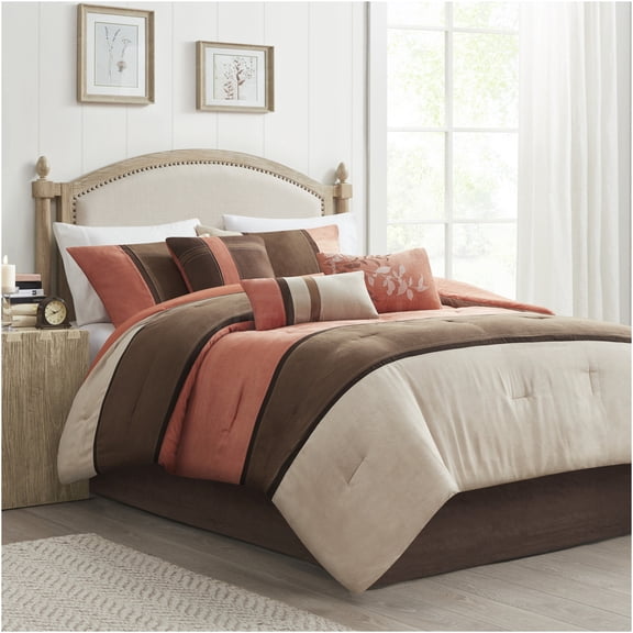 JERFIT 7-Piece Coral Faux Suede Comforter Set for California King Bed, Colorblock Design with Hypoallergenic Machine Washable Bedding Collection