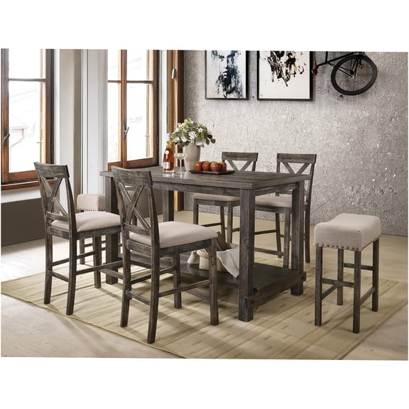 JERFIT 7-Piece Counter Height Dining Set, Weathered Gray Synthetic Wood Table with 4 Chairs & 2 Stools, Modern Kitchen Bistro Set