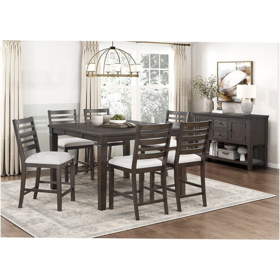 JERFIT 7-Piece Counter Height Dining Set with Extendable Table and Upholstered Chairs, Dark Espresso Finish