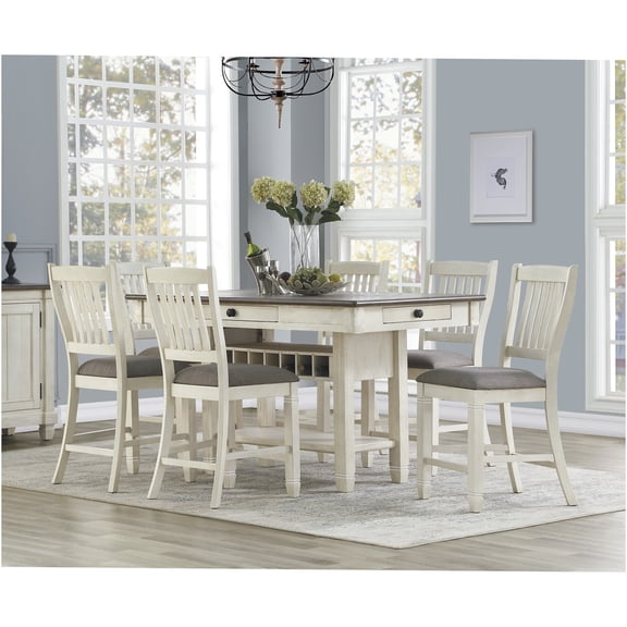 JERFIT 7-Piece Counter Height Dining Set with Storage Drawers, Wine Rack, and Upholstered Chairs for Kitchen and Dining Room