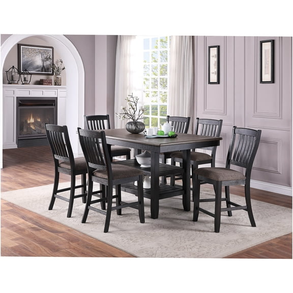 JERFIT 7-Piece Counter Height Dining Set with Storage Shelf, Dark Coffee Table and 6 Fabric Upholstered Chairs for Kitchen and Dining Room