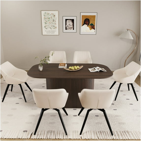 JERFIT 7-Piece Dining Set with Beige Table & Black Chairs, Mid-Century Modern Kitchen Table Set for 6 with PU Leather Upholstered Chairs, Industrial Style Dining Room Furniture