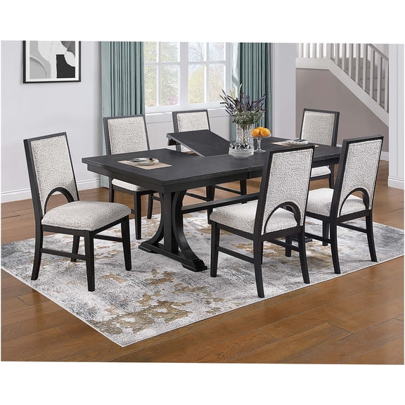 JERFIT 7-Piece Dining Set with Butterfly Leaf Table & 6 Upholstered Chairs, Trestle Base Farmhouse Kitchen Table Set in White, Black, Charcoal