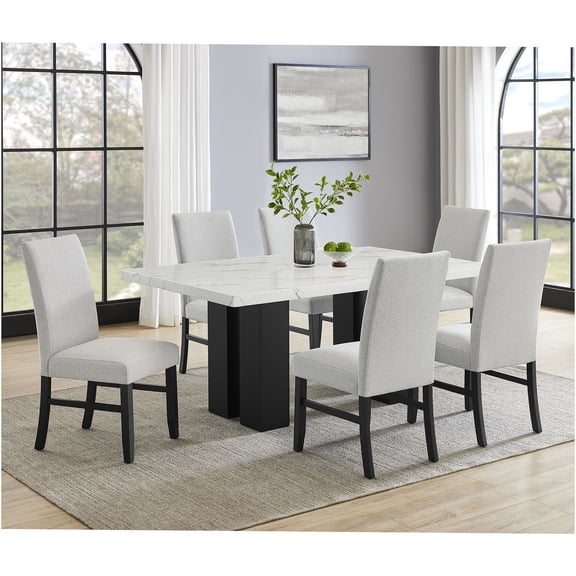 JERFIT 7-Piece Dining Set with Rectangular Marble Tabletop, Upholstered Chairs and Dark Metal Base for Modern Dining Room
