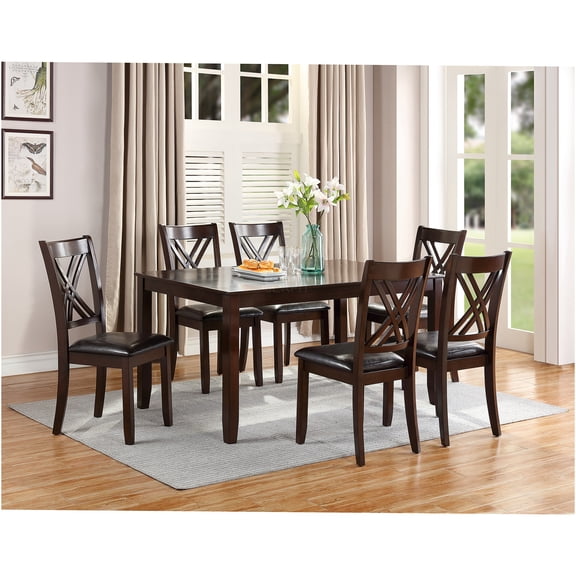 JERFIT 7-Piece Dining Set with Table and 6 Upholstered Chairs, X-Back Design, Espresso Finish, Solid Wood, for Dining Room