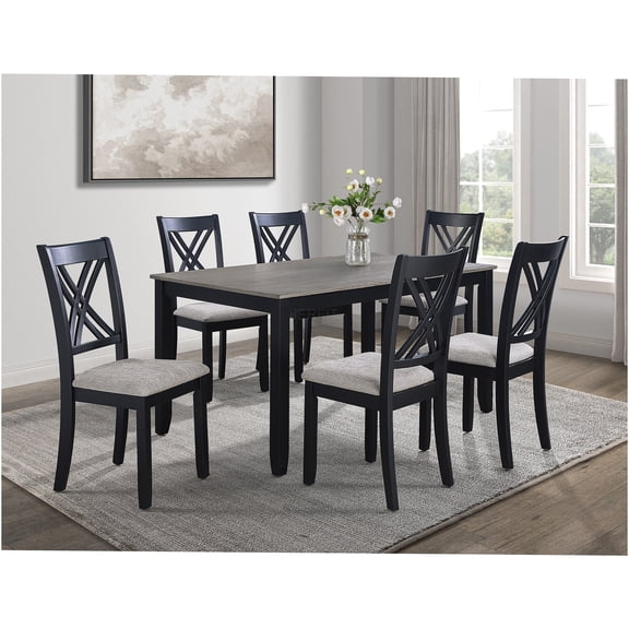 JERFIT 7-Piece Dining Set with Upholstered Chairs, Transitional Antique White and Gray Wood Table for Kitchen and Dining Room