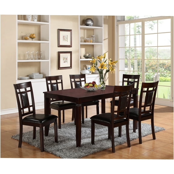 JERFIT 7-Piece Dining Table Set with 6 Chairs, Brown Espresso Wood Finish Rectangular Kitchen Dinette Set, Faux Leather Upholstered Seating for Dining Room